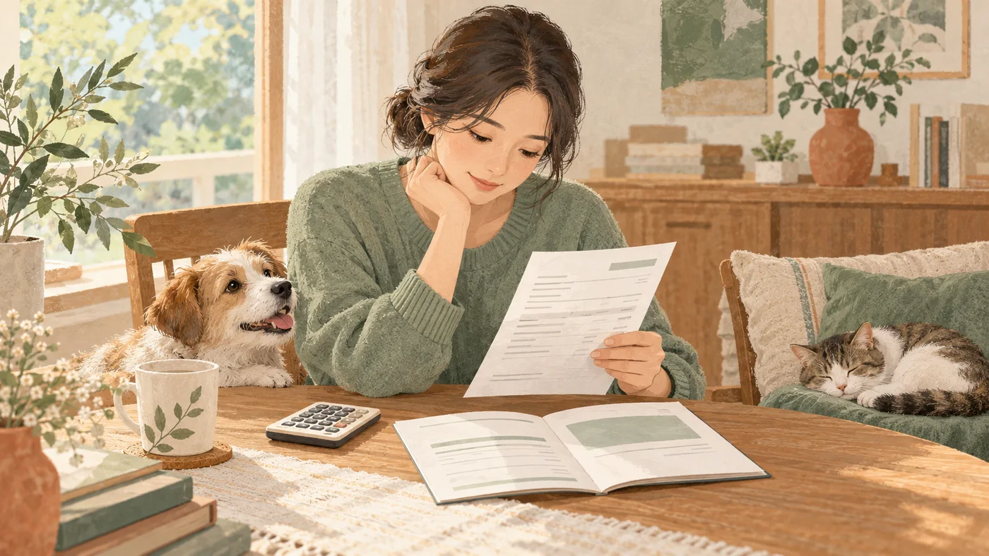 An illustration of a guardian reading a veterinary bill and insurance documents beside a dog and cat
