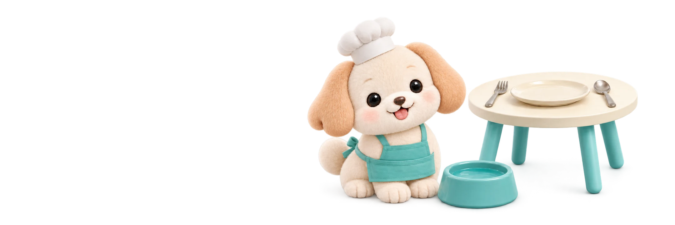 Dog mascot in a small chef hat and apron waiting beside a dining table with its own water bowl
