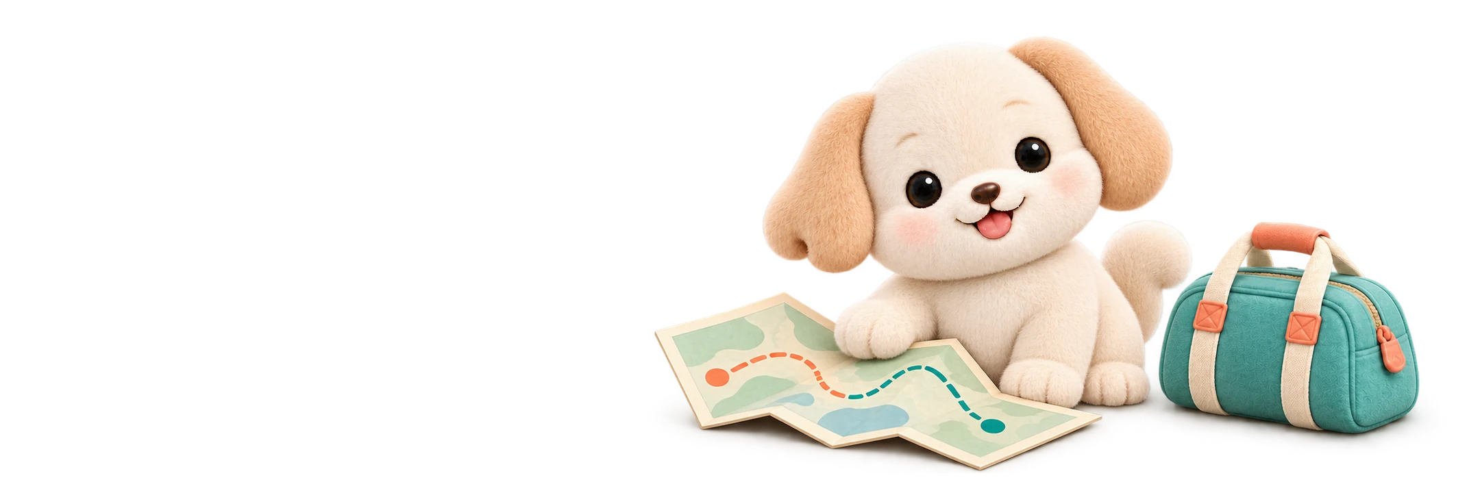 Dog mascot with a small travel bag and a simple map