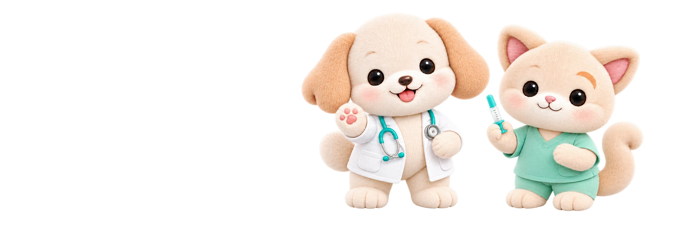 Dog mascot in a doctor coat with a stethoscope and cat mascot in mint nurse scrubs holding a small capped syringe