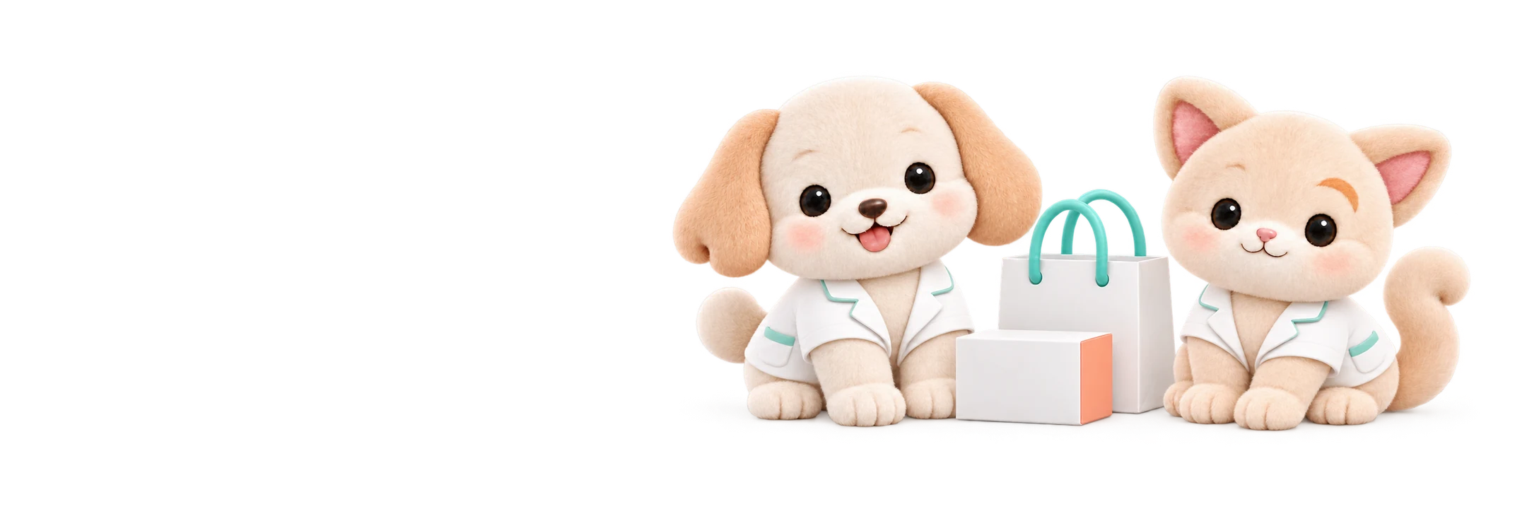 Dog and cat mascots in short pharmacist coats beside a pharmacy paper bag and a closed medicine box